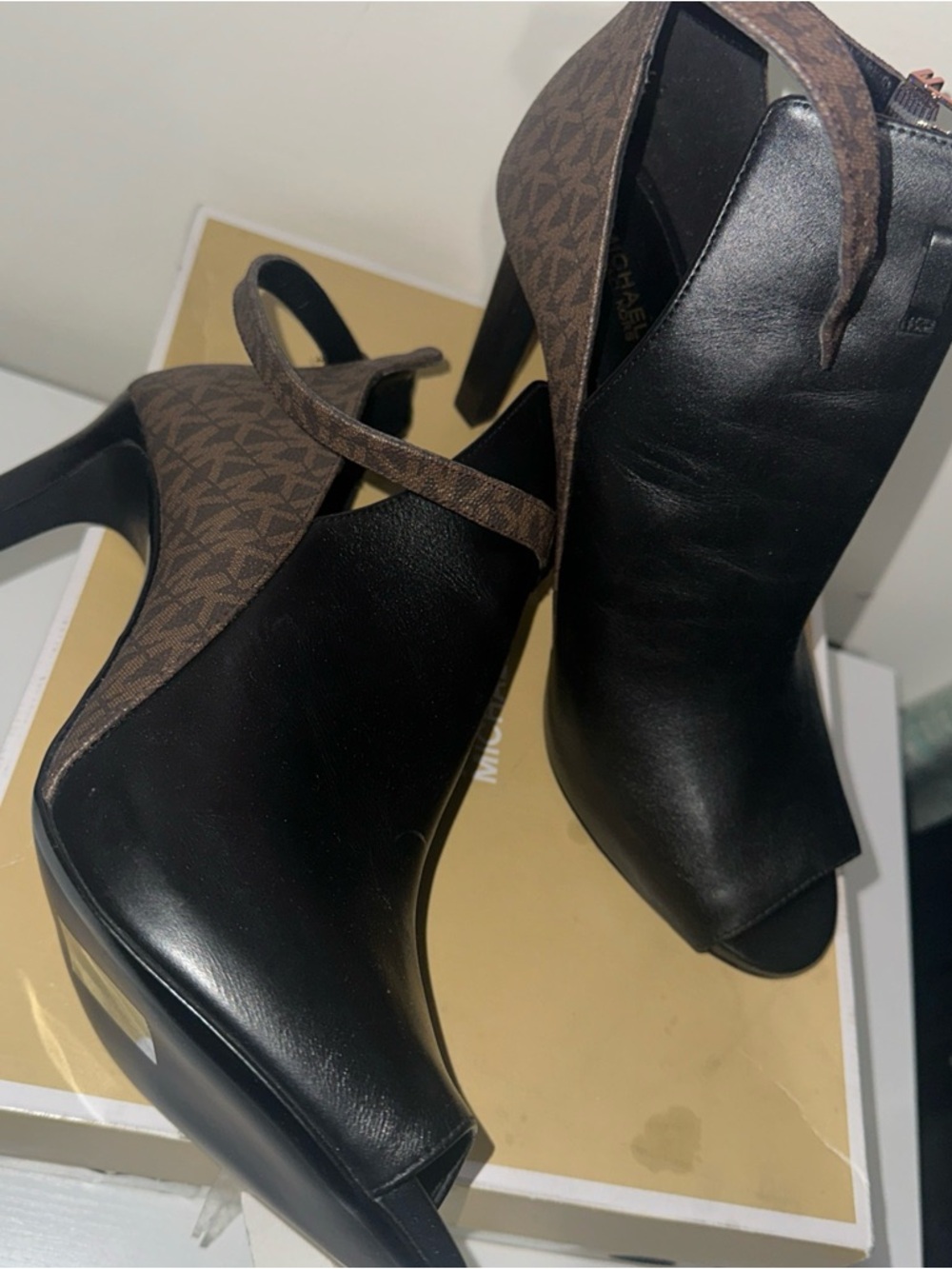 Michael Kors Black & Brown Logo-Accent Peep Toe Ankle Booties - Picture 5 of 6